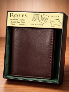 Rolfs Genuine Leather Flip Bifold Wallet Brown w/ ID Window & Credit Card Slots